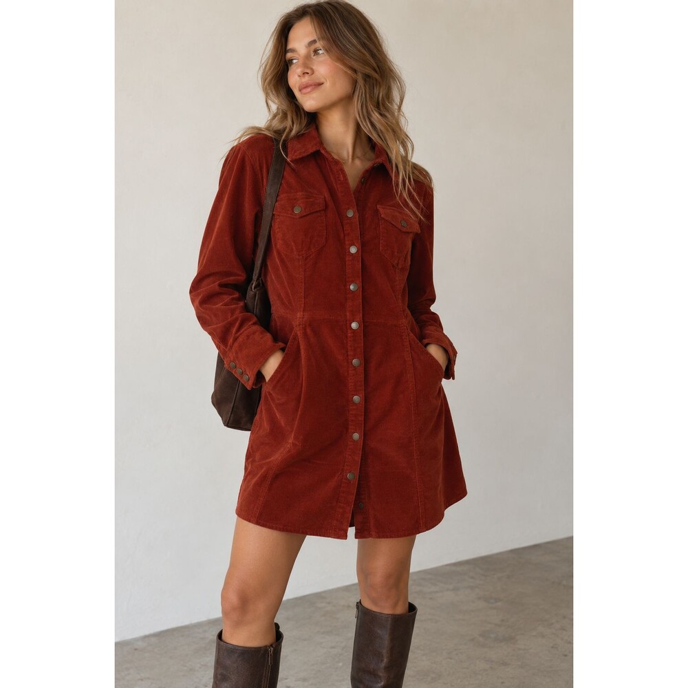 Free People Dynomite Corduroy Dress Medium Burnt Orange Pockets Button Front